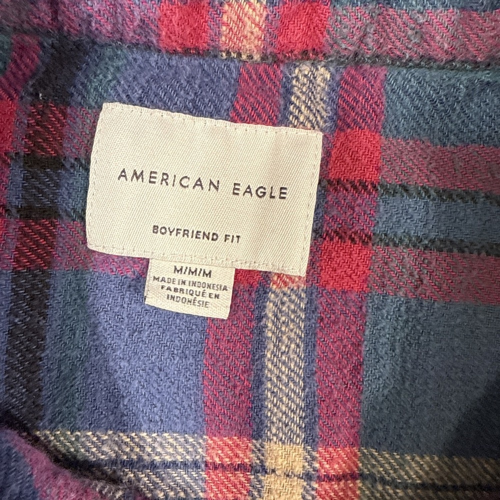 FLANNEL SHIRT American Eagle Boyfriend PINK Plaid  Women Medium Boho CABINCORE - Picture 3 of 8